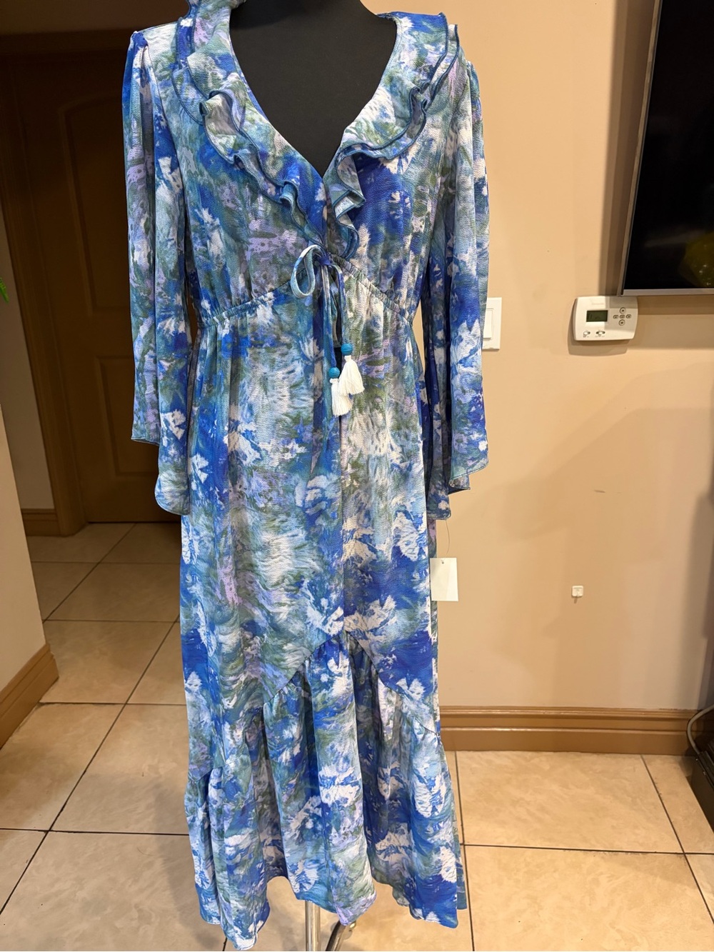 Blue Watercolor Ruffle-Front Maxi Dress with Tassel Tie